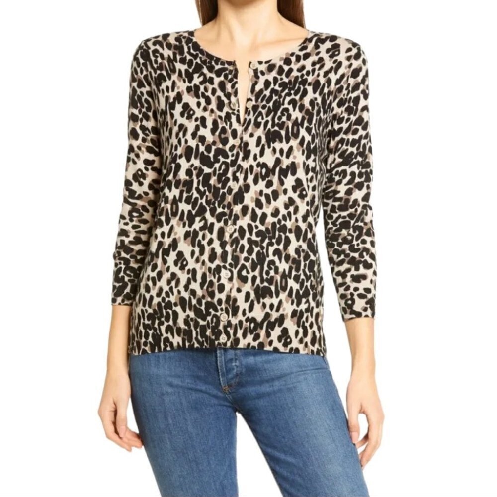 Halogen Leopard Print Crewneck Cardigan
